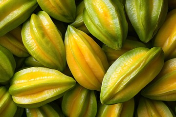 新鮮なスターフルーツのクローズアップ、緑と黄色の鮮やかな果皮 | Close-Up of Fresh Starfruits with Vibrant Green and Yellow Skin
