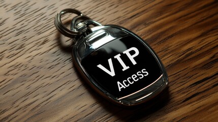 Exclusive access keychain on wooden surface with a VIP label and sleek design enhancing the allure of special privileges