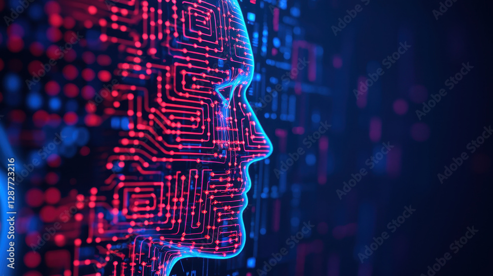 Poster cloud storage globalization communication network digital face with circuit patterns, representing a