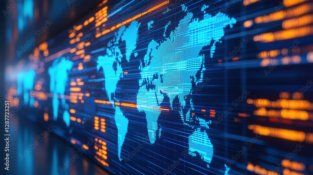 Poster cloud storage globalization communication network digital world map with glowing lines and data stre