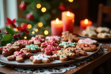 A Festive Array of Decorated Gingerbread Cookies on a Wooden Table with a Blurred Christmas Tree and Candles in the Background