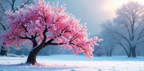 Frozen weeping cherry tree in winter landscape, color, tree branches