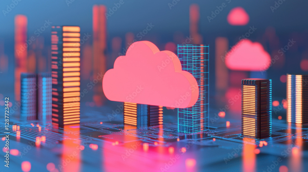 Poster cloud storage globalization communication network digital cloud technology with glowing skyscrapers 