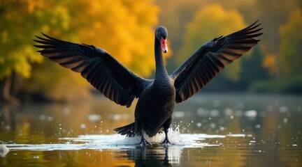 Black swan gracefully landing on tranquil water, wings spread wide, autumnal backdrop