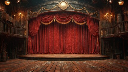 Antique Theater Stage Red Velvet Curtains Wooden Floor Dramatic Setting Vintage Backdrop