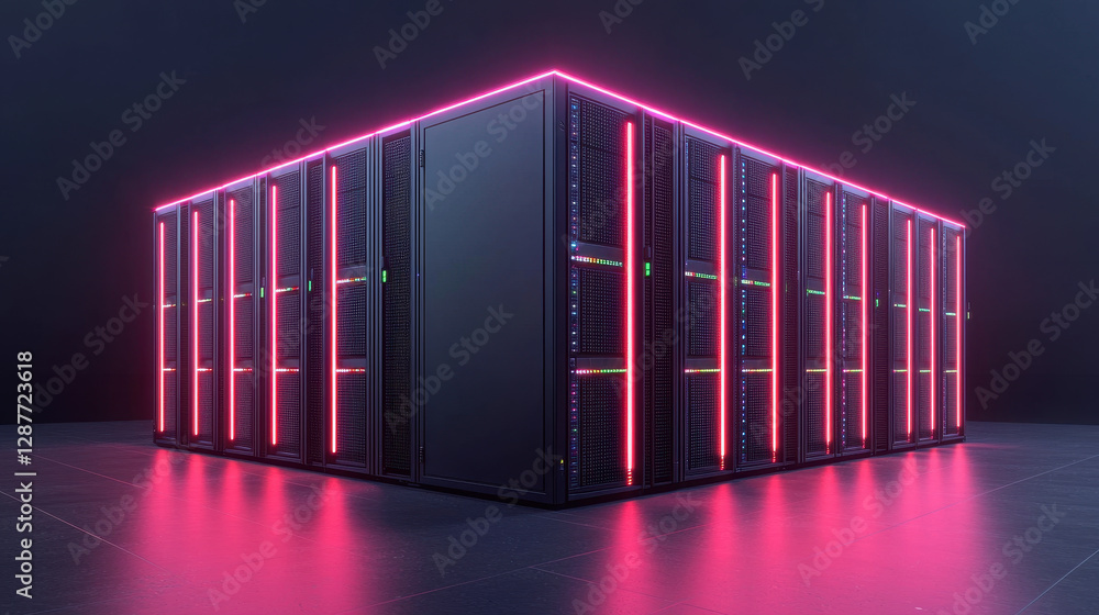 Poster cloud storage globalization communication network futuristic data center with glowing servers and ne