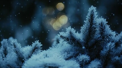 Naklejka premium Frosty pine branches at night, snow falling, bokeh lights.