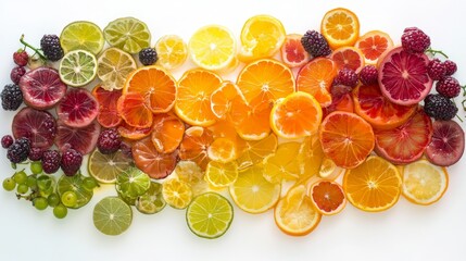 Modern fruit parade flatlay, artistic arrangement of sliced fruits, berries to citrus gradient, crisp lighting, pure white background, editorial food styling