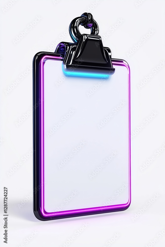 Poster clipboard with a blank sheet outlined in a purple neon glow it's displayed against a plain for a mod