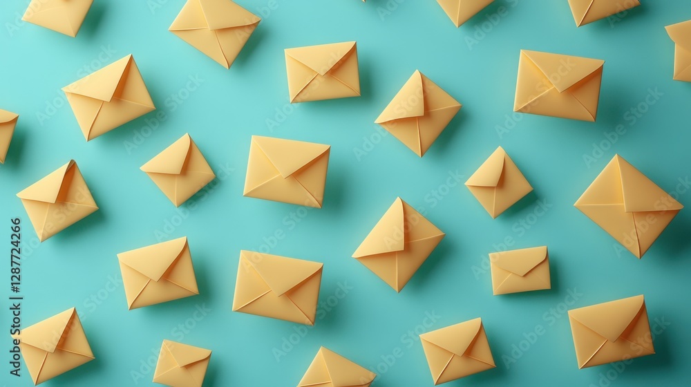 Poster pastel envelopes arranged on a turquoise background flat lay overhead view minimalist composition fo