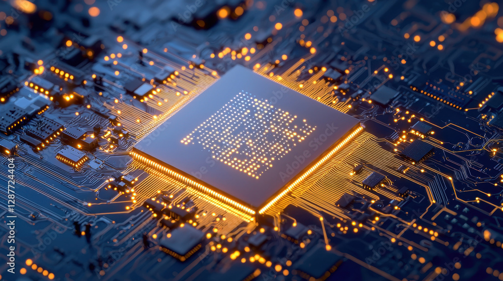 Poster Cloud storage Globalization communication network High tech microchip with glowing circuits and intricate patterns