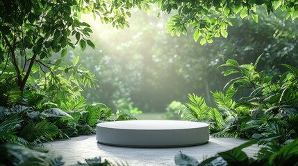 Podium for product display in nature. Foliage and sunlight in background for promo