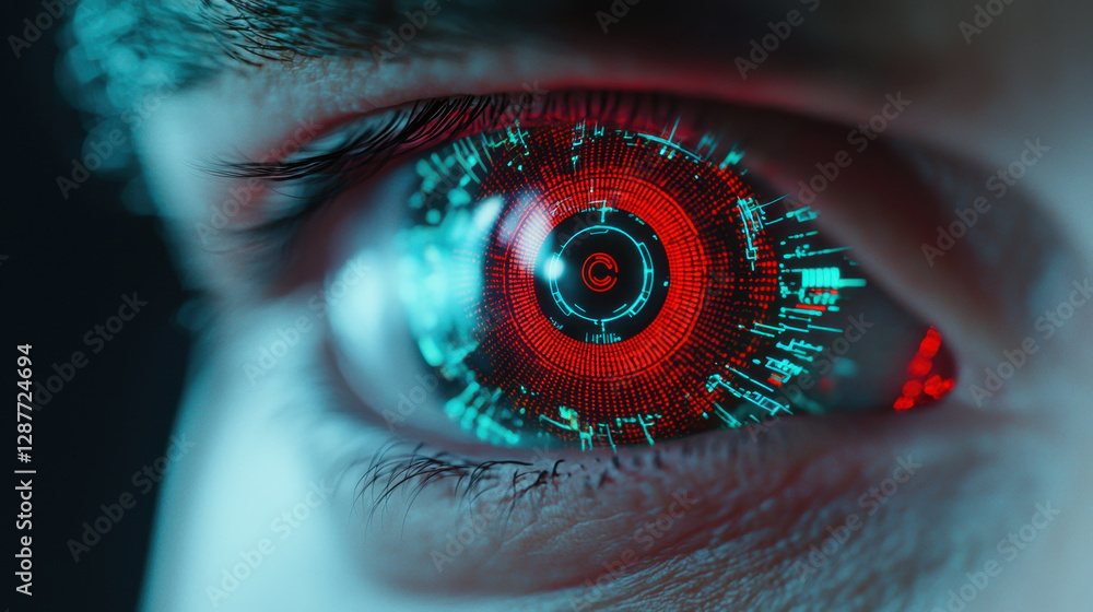 Poster cloud storage globalization communication network futuristic eye with digital patterns and glowing r