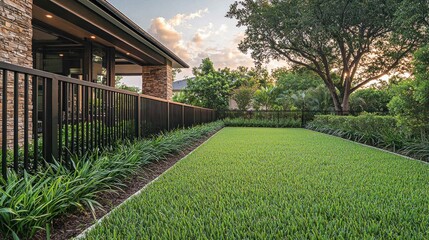 Fototapeta premium Lush green backyard lawn at dusk, with house and a large tree. For real estate