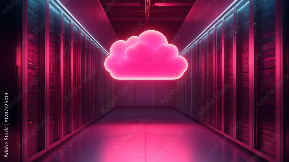 Poster cloud storage globalization communication network neon cloud in server room, illuminated with pink l