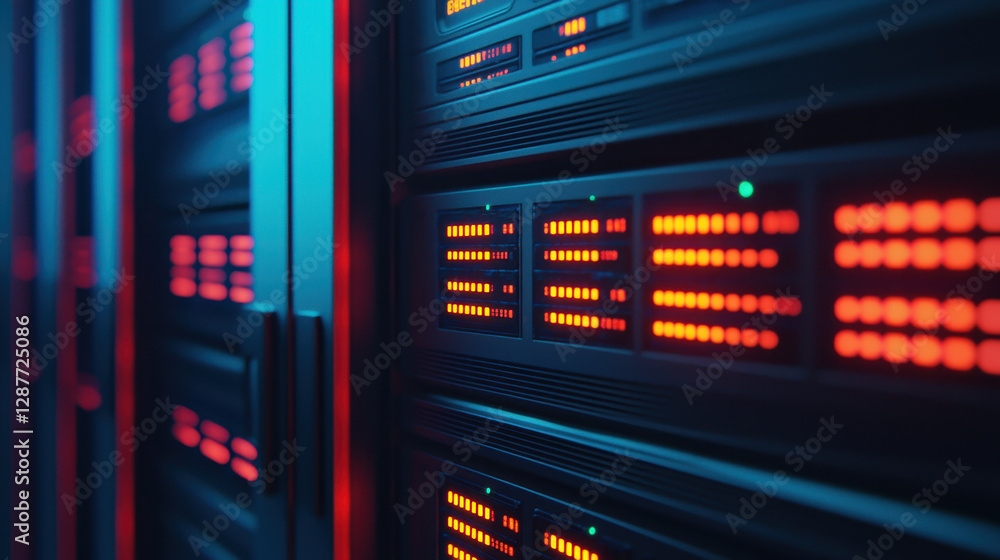 Aufkleber cloud storage globalization communication network high tech server room with illuminated panels and 