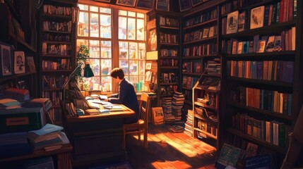 Man studying in a cozy bookstore