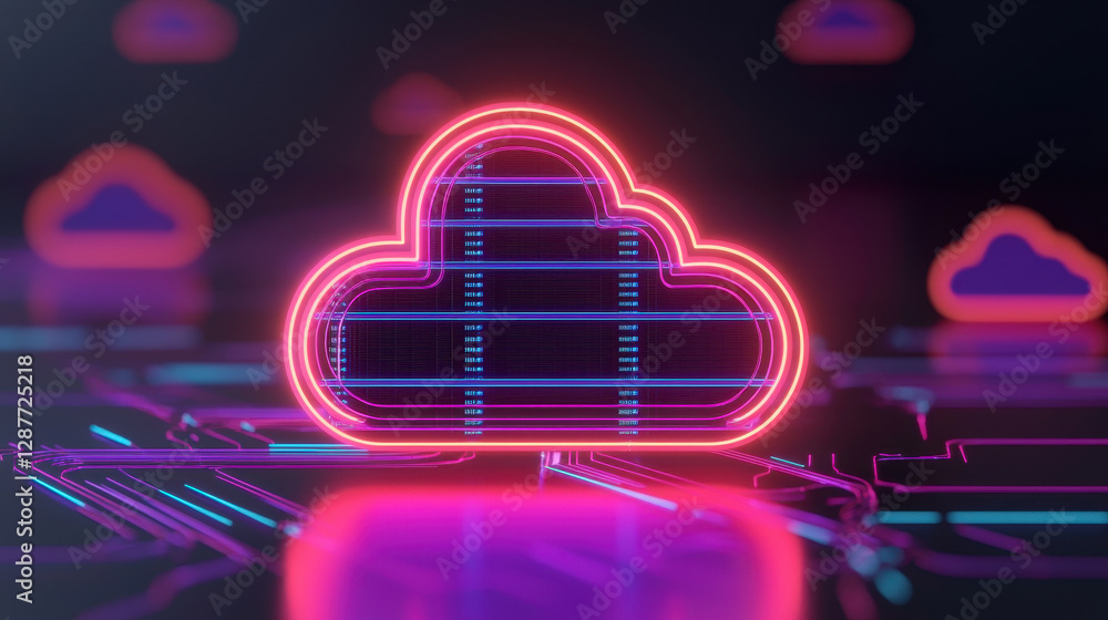 Poster cloud storage globalization communication network neon cloud symbol representing digital technology 