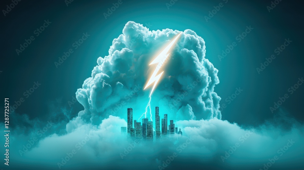 Poster a lightning bolt piercing through a dark cloud, illuminating a city skyline below, representing the 