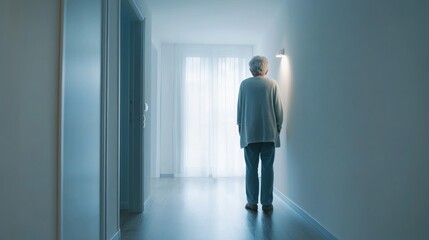 Fototapeta premium Dementia symptoms in an elderly person trying to find their way around the house. Featuring disorientation and confusion