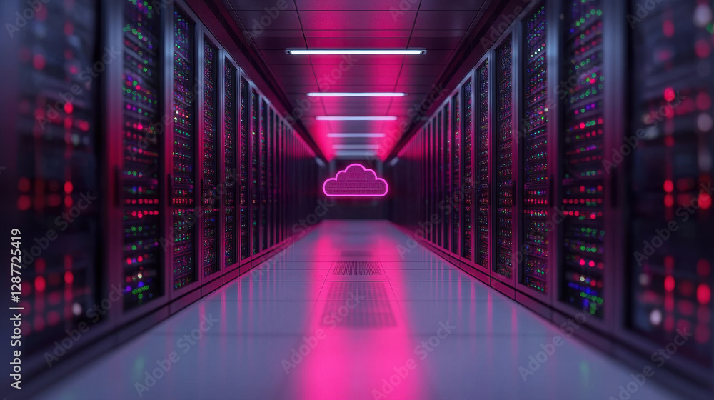 Poster cloud storage globalization communication network vibrant data center corridor with glowing servers 