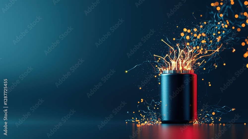 Poster an abstract representation of a battery icon formed by glowing circuits and energy streams, symboliz
