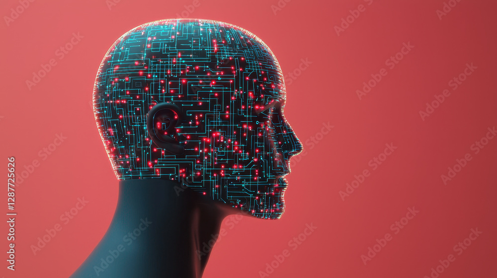 Poster cloud storage globalization communication network digital head with circuit patterns and glowing lig