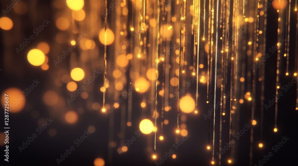 Poster Warm glowing abstract lines and bokeh lights in dark with golden hues, festive illumination effect. Festive celebration and art concept