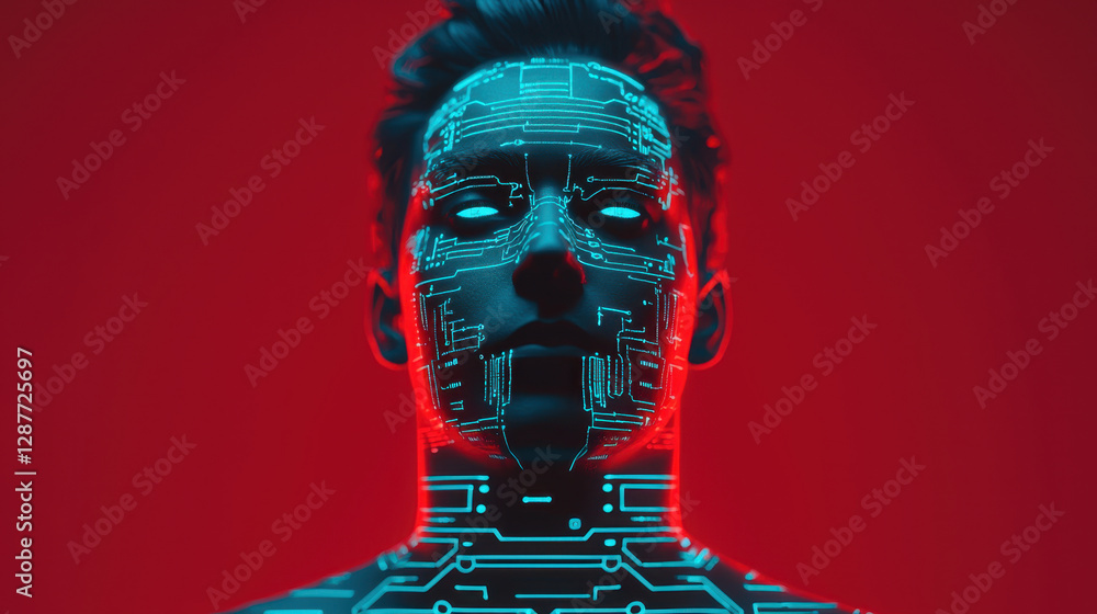 Poster cloud storage globalization communication network futuristic humanoid figure with glowing circuitry 
