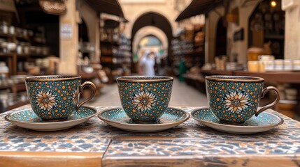 Three ornate teacups on a tiled surface in a bustling marketplace.