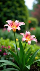 Madonna lilies in a garden with other plants and trees, flora, landscape, foliage