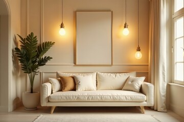 Relaxing Living Room Interior Design with Cream Sofa and Warm Lighting