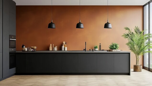 Modern kitchen interior with terracotta wall, large panoramic window, and modern gray cabinets. 