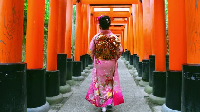 Asian women in traditional japanese kimonos visiting at Fushimi Inari Shrine in Kyoto, Japan.