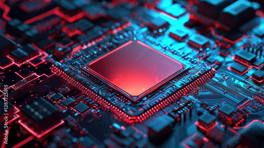 Poster cloud storage globalization communication network high tech circuit board with glowing microprocesso