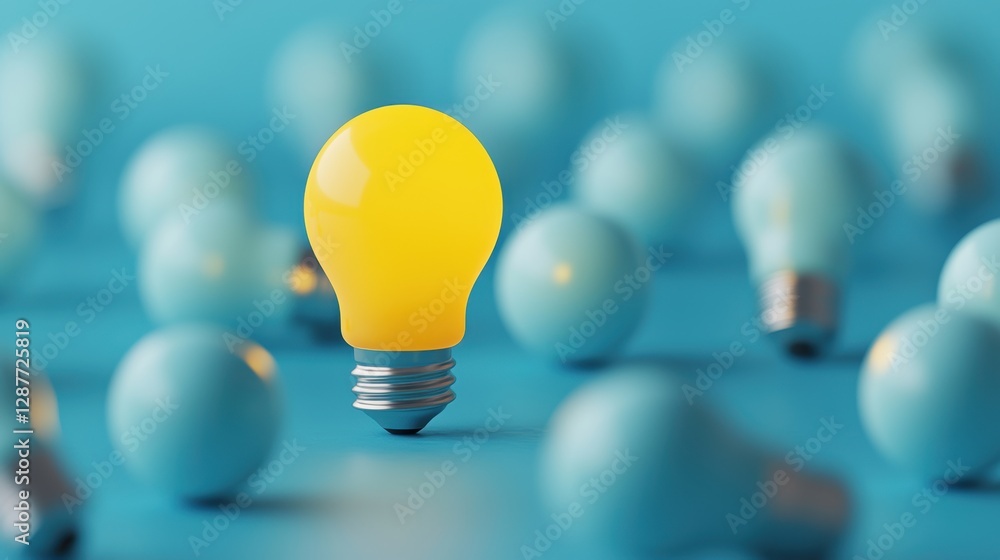 Poster an array of light bulbs with one glowing brightly, standing out from the rest, representing innovati