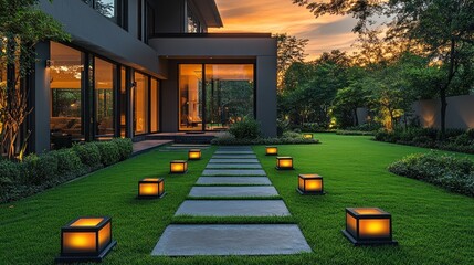 Modern home garden path at sunset