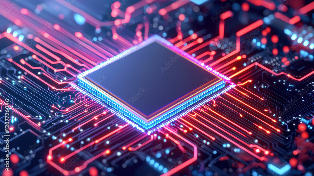 Poster cloud storage globalization communication network high tech microchip on circuit board with glowing 