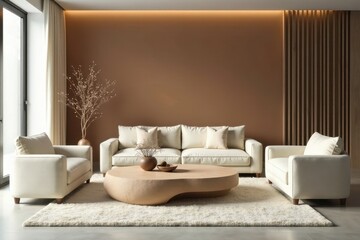 Modern minimalist living room interior design with neutral tones and organic textures