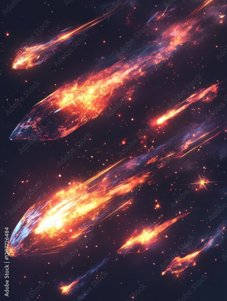 Poster fiery comets streaking across the cosmos illuminating the dark expanse with vibrant celestial displa