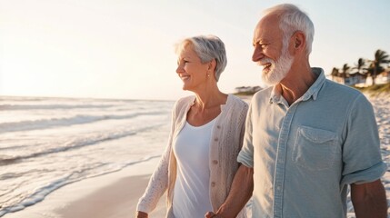 Senior living couple taking a leisurely walk on a beach. Featuring tranquility and connection