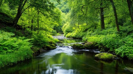 Naklejka premium Serene Freshwater Stream Flowing Through Lush Green Forest Landscape
