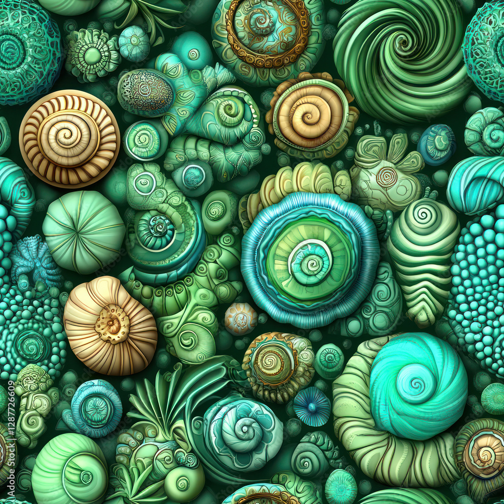 Poster Assorted seashells clustered together, textured, and displayed in a dark green background