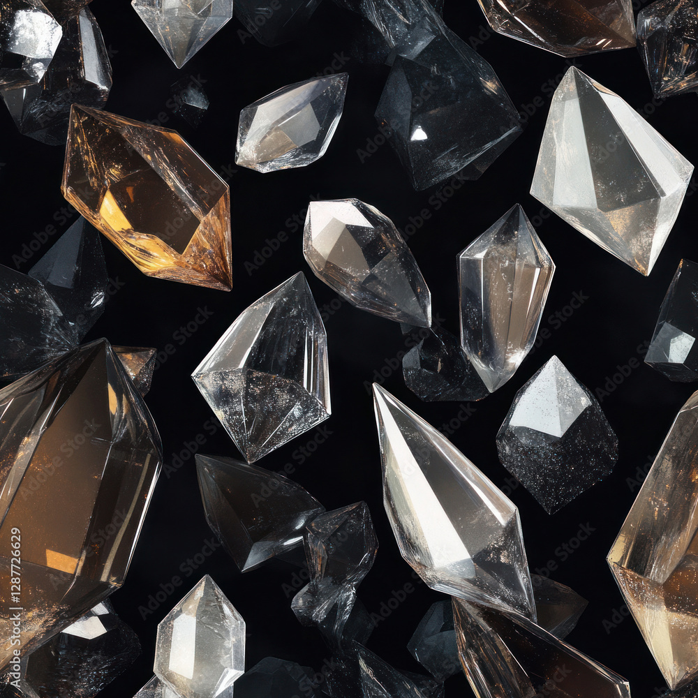 Poster assortment of clear crystals floating in space with dark background