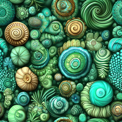 Assorted seashells clustered together, textured, and displayed in a dark green background