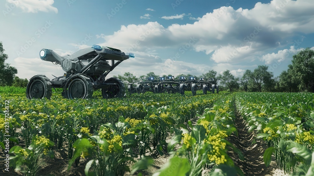 Poster robotic systems managing vast fields, from seeding to watering and harvesting, using ai for optimize