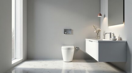 Modern minimalist bathroom design with sleek white fixtures and marble flooring, illuminated by a pendant light and natural light from a large window
