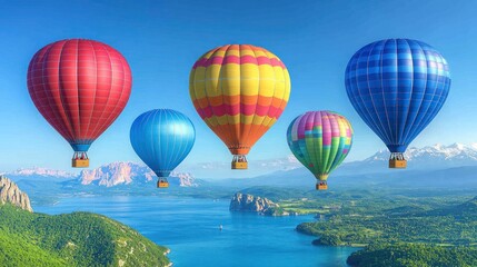 Obraz premium Colorful hot air balloons soar over a scenic lake and mountain landscape on a sunny day.