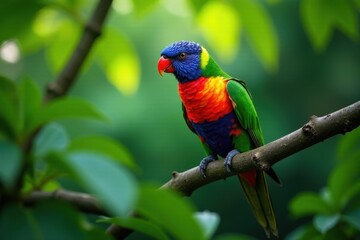 A vibrant rainbow lorikeet perched on a branch amidst lush green foliage, a stunning display of tropical birdlife in its natural habitat.