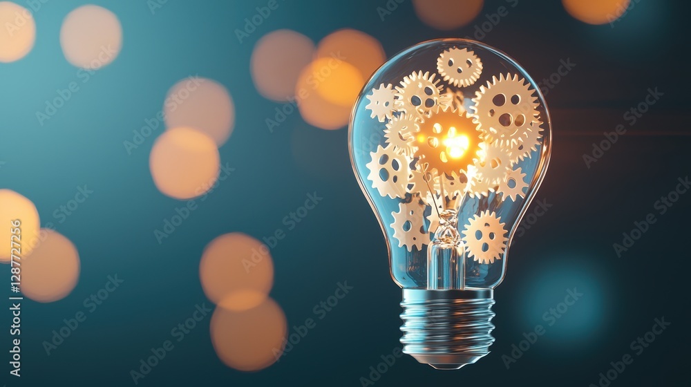 Poster a light bulb filled with gears and cogs, illuminated against a dark background, conveying the concep